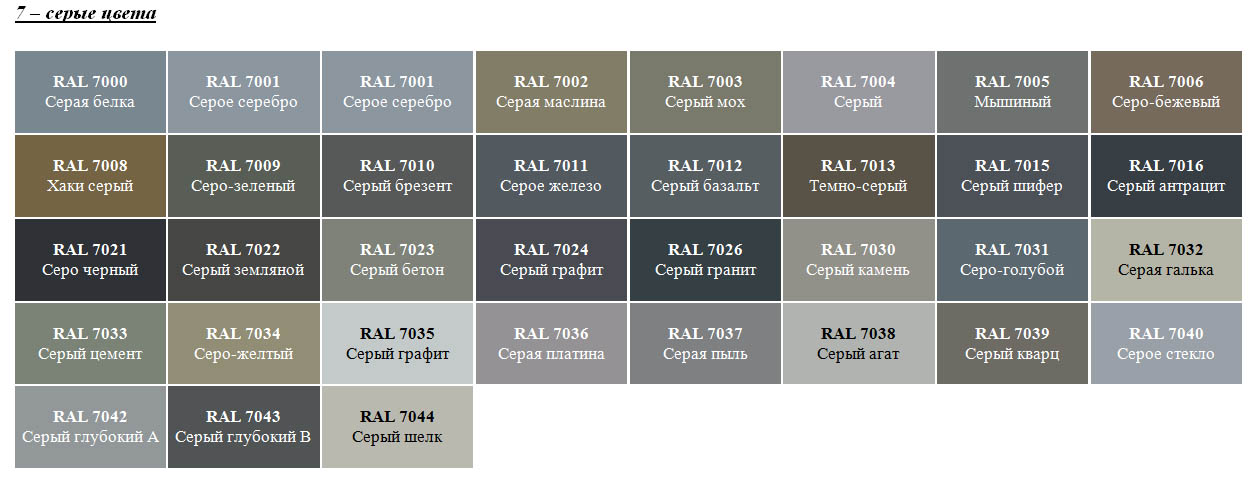 Цветовой каталог RAL - серые цвета.